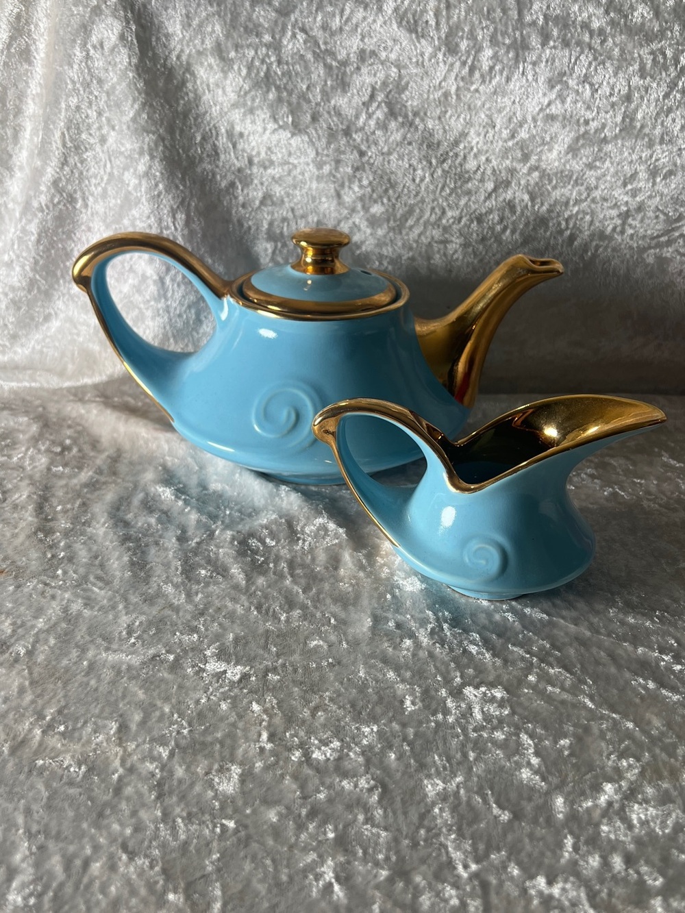 Blue Ceramic Teapot and Creamer Set with Gold Trim